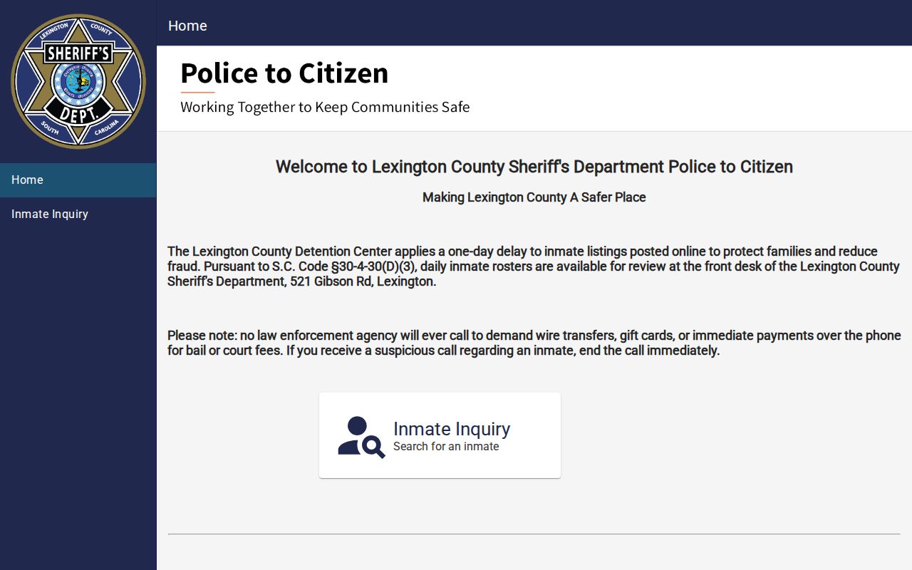Lexington County Police-to-Citizen inmate inquiry search