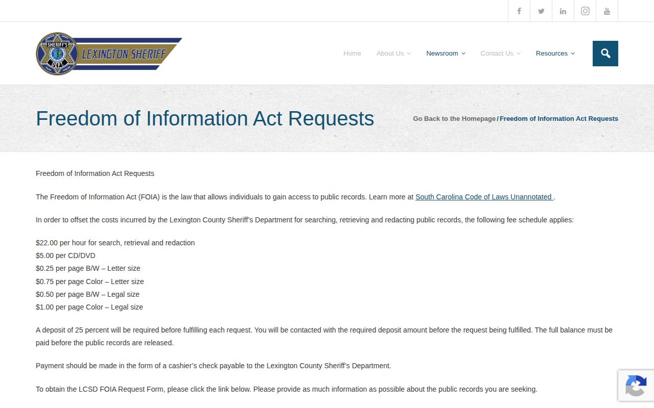 Lexington County Sheriff's Department FOIA request instructions